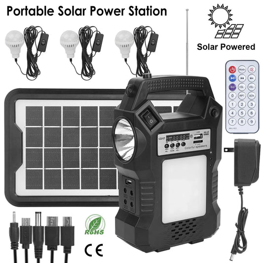 Solar Generator Portable Power Station with Solar Panel, 8000Mah Battery 3 LED Bulbs Flashlights Fm Radio for Home Outdoors Camping Travel Emergency