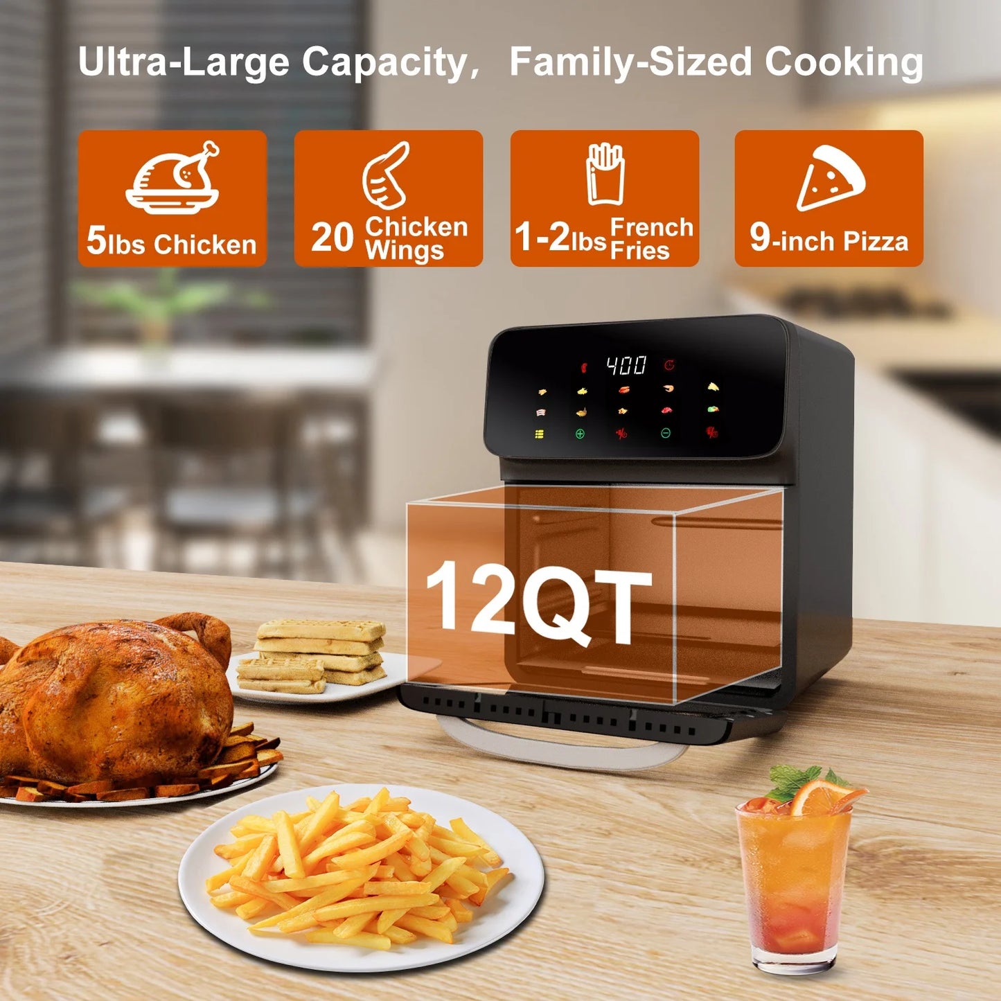 Air Fryer 12QT Convection Oven with 10-In-1 Multi Function, Visible Window and Touchscreen, Black