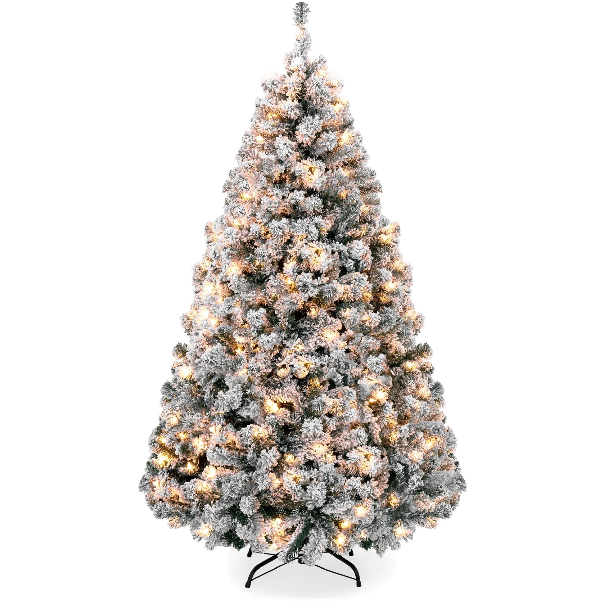 6Ft Pre-Lit Holiday Christmas Pine Tree W/ Snow Flocked Branches, 250 Warm White Lights